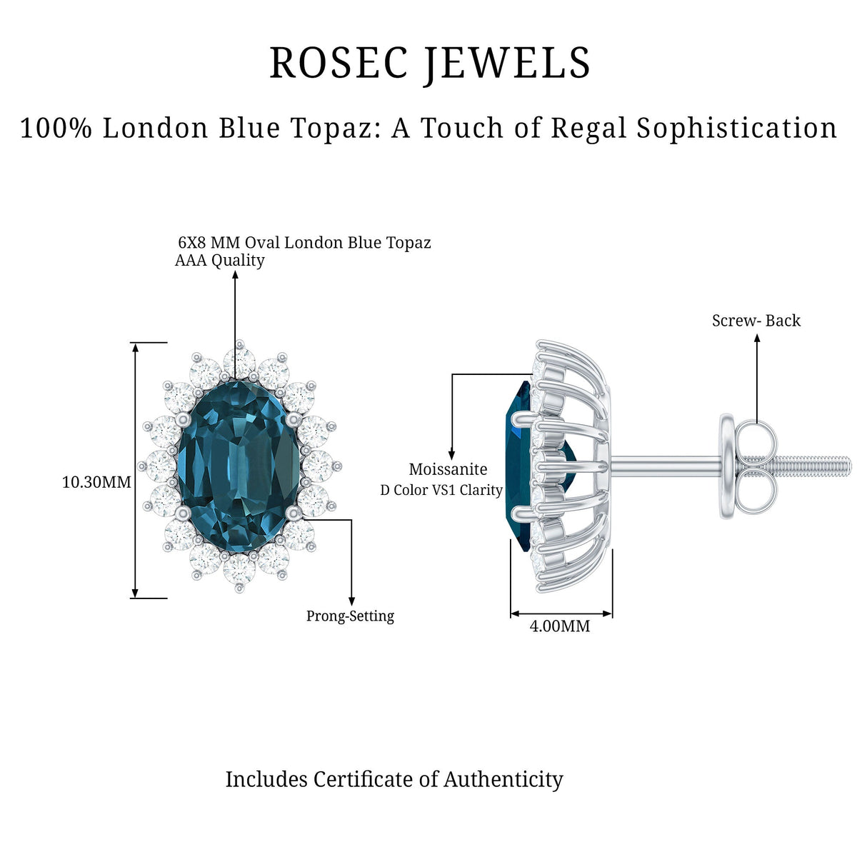 Rosec Jewels 6x8mm oval London Blue Topaz stud earrings with moissanite halo, sparkling gemstone and elegant design