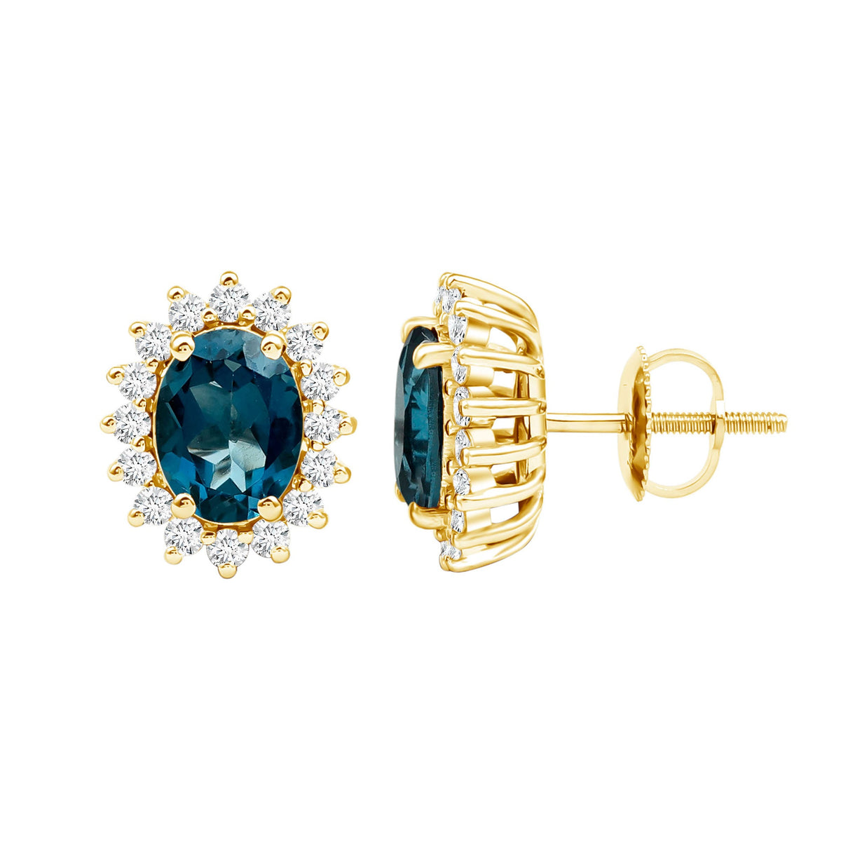 Oval London Blue Topaz stud earrings with moissanite halo, featuring 6x8mm stones, by Rosec Jewels.