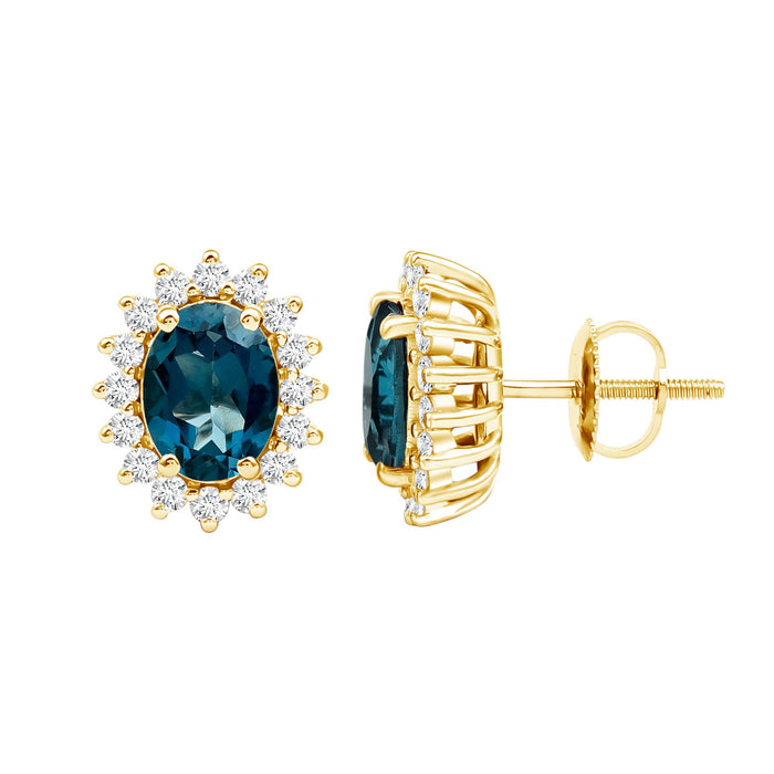 Oval London Blue Topaz stud earrings with moissanite halo, featuring 6x8mm stones, by Rosec Jewels.