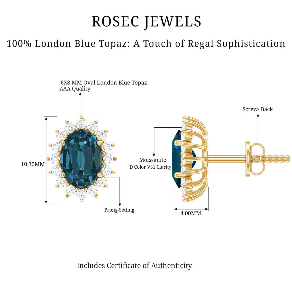 Oval London Blue Topaz stud earrings with moissanite halo, featuring 6x8mm gemstones from Rosec Jewels.