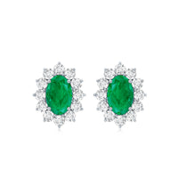 Oval Cut Natural Emerald Stud Earrings with Diamond Halo