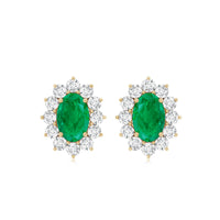 Oval Cut Natural Emerald Stud Earrings with Diamond Halo