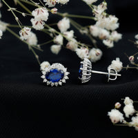 Lab Grown Blue Sapphire Princess Diana Inspired Stud Earrings in Silver
