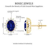 Lab Created Blue Sapphire Oval Stud Earrings with Moissanite Halo
