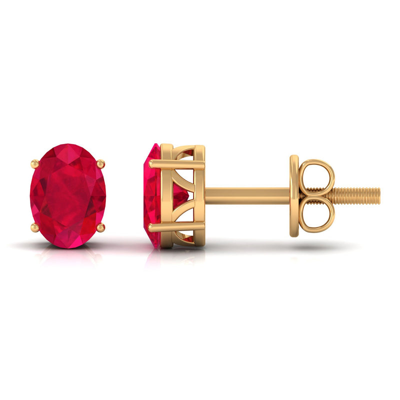 Rosec Jewels 2.25 CT solitaire stud earrings with oval-shaped created ruby, featuring a classic and elegant jewelry design.