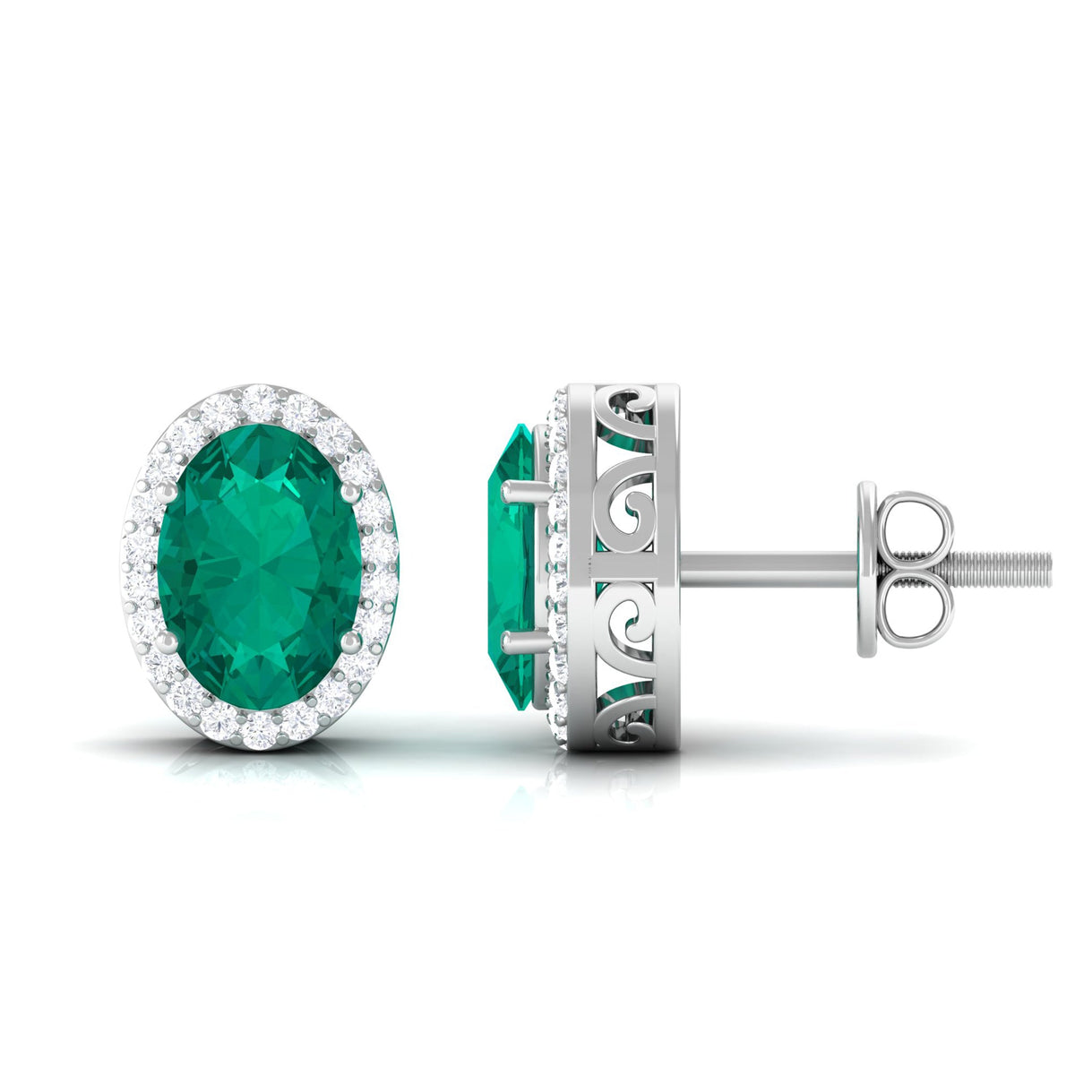Rosec Jewels 1.75 CT classic emerald and diamond halo stud earrings, close-up of sparkling gemstone earrings.