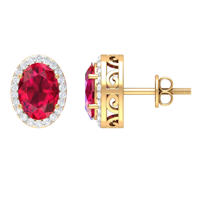 Lab created ruby and diamond halo stud earrings by Rosec Jewels featuring sparkling gemstones and elegant design