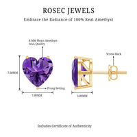 Heart Shape Amethyst Solitaire Stud Earrings for Her