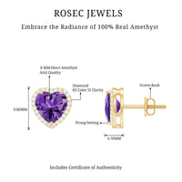 Certified Real Heart Shape Amethyst Stud Earrings with Diamond Halo