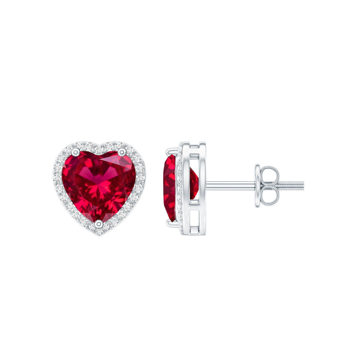 Rosec Jewels 4 Carat lab-grown ruby heart stud earrings with sparkling moissanite halo on a white background.