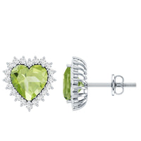 Peridot heart stud earrings with diamond halo by Rosec Jewels, featuring 4.2 carats of vibrant green gemstones and sparkling accents.