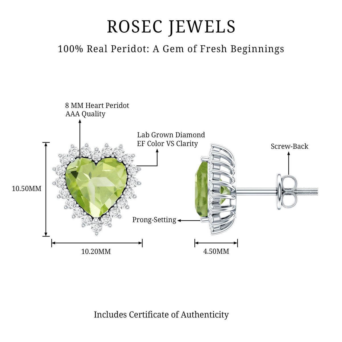 Peridot heart stud earrings with diamond halo from Rosec Jewels, showcasing vibrant green gemstones and sparkling accents.