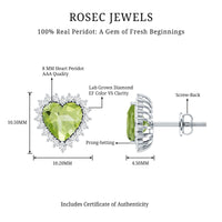 Peridot heart stud earrings with diamond halo from Rosec Jewels, showcasing vibrant green gemstones and sparkling accents.