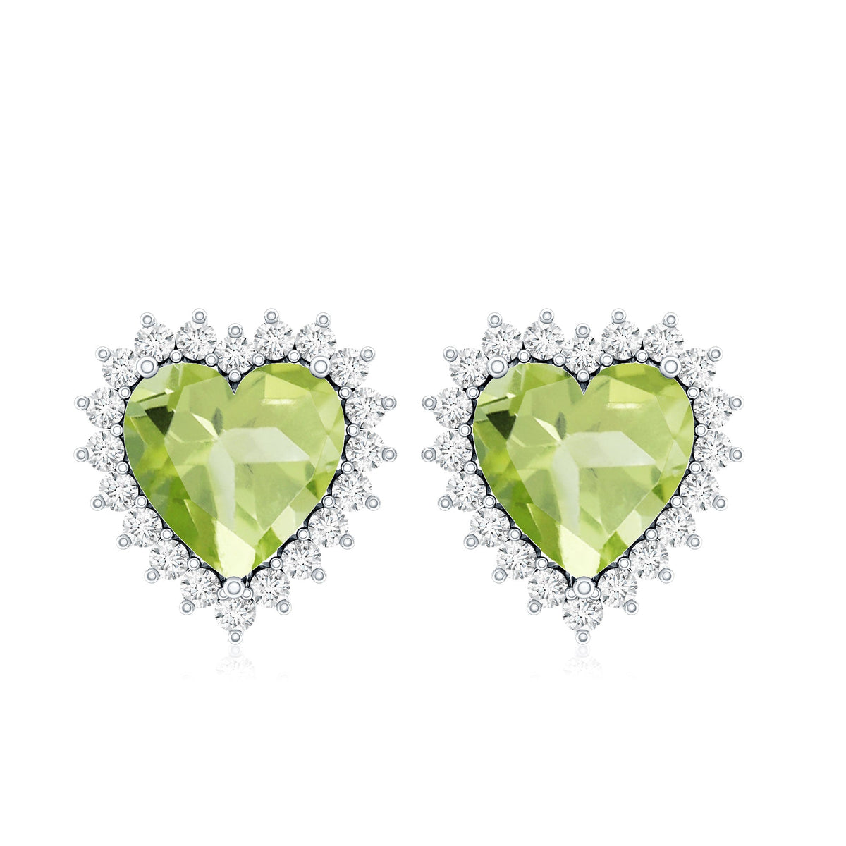 4.2 carat peridot heart stud earrings with diamond halo from Rosec Jewels, featuring vibrant green peridot and sparkling diamonds.