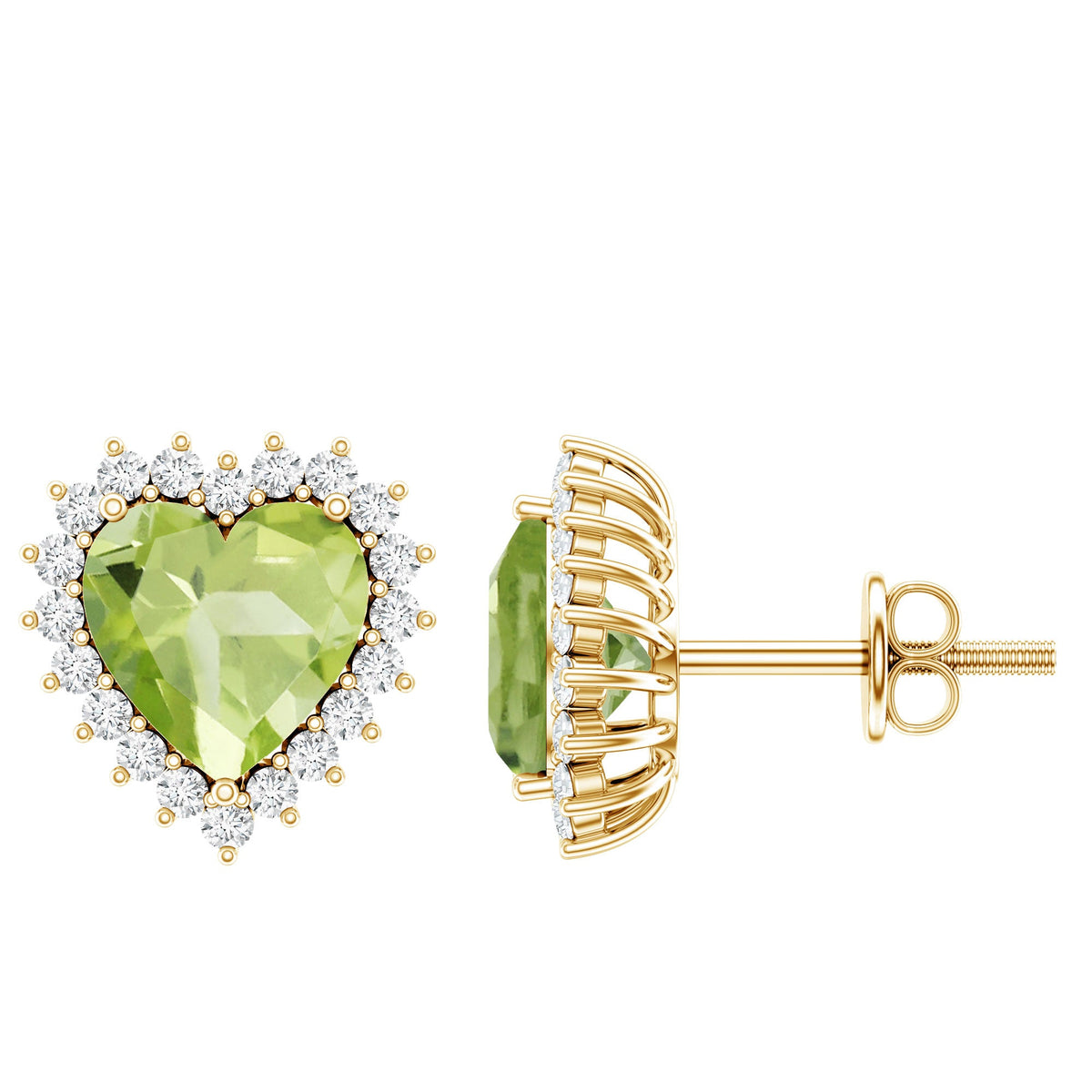 Peridot heart stud earrings with diamond halo from Rosec Jewels, featuring 4.2 carats of vibrant green gemstones and sparkling accents.
