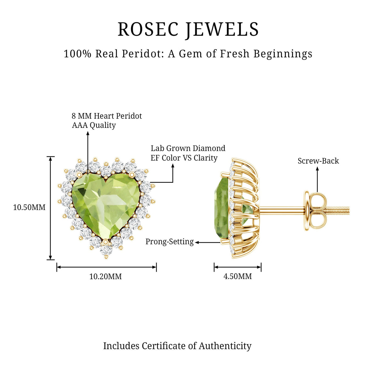 Peridot heart stud earrings with diamond halo, 4.2 carats, from Rosec Jewels featuring sparkling gemstone and elegant design
