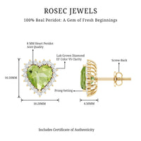 Peridot heart stud earrings with diamond halo, 4.2 carats, from Rosec Jewels featuring sparkling gemstone and elegant design