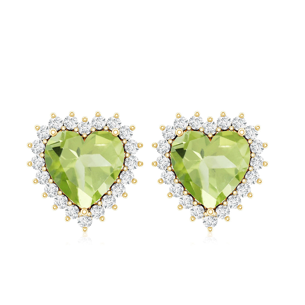 Peridot heart stud earrings with diamond halo from Rosec Jewels, showcasing vibrant green gemstones and sparkling accents.