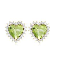 Peridot heart stud earrings with diamond halo from Rosec Jewels, showcasing vibrant green gemstones and sparkling accents.