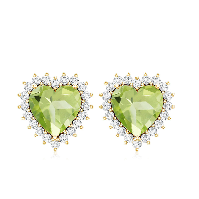 Peridot heart stud earrings with diamond halo from Rosec Jewels, showcasing vibrant green gemstones and sparkling accents.