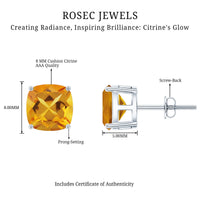 4.4 CT Cushion Cut Citrine Solitaire Stud Earrings