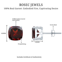 8MM Cushion Cut Garnet Solitaire Stud Earrings