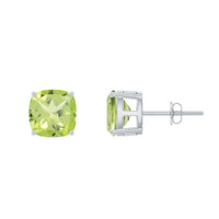 Genuine cushion cut Peridot solitaire stud earrings by Rosec Jewels with certification, featuring vibrant green gemstones.