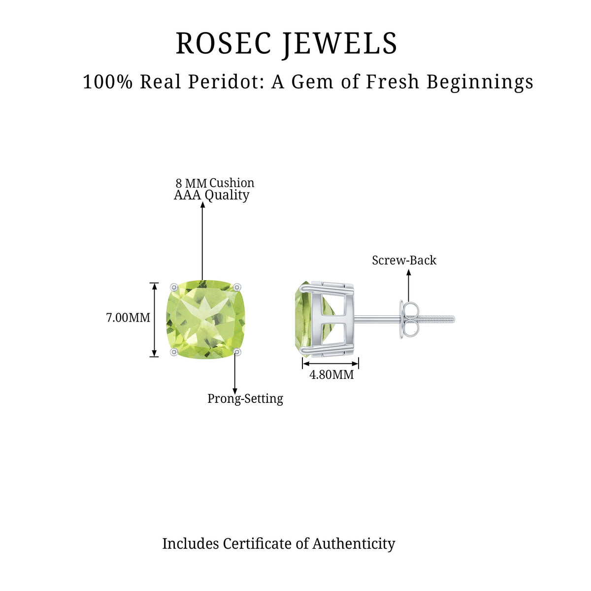 Genuine cushion cut peridot solitaire stud earrings from Rosec Jewels with certification, featuring vibrant green gemstones.