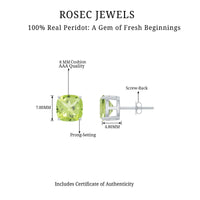 Genuine cushion cut peridot solitaire stud earrings from Rosec Jewels with certification, featuring vibrant green gemstones.