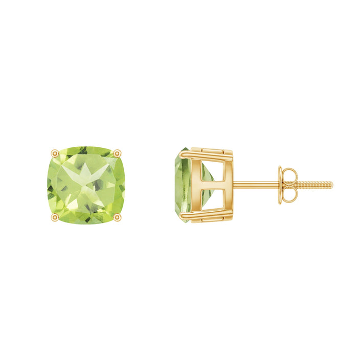 Genuine cushion cut peridot solitaire stud earrings by Rosec Jewels, featuring vibrant green gemstones and a classic design