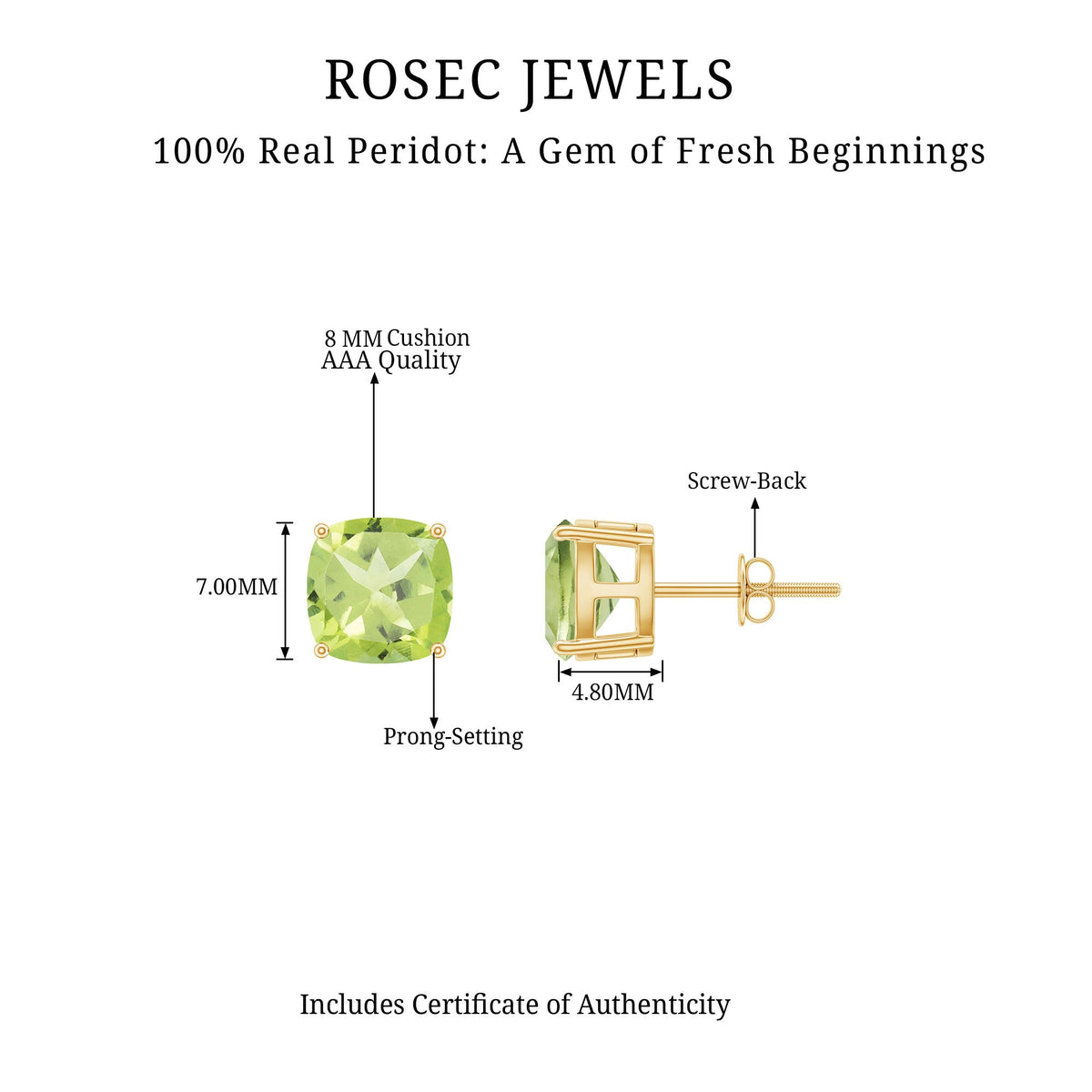 Genuine cushion cut peridot solitaire stud earrings by Rosec Jewels with certification, showcasing vibrant green gemstones and classic design.
