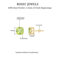 Genuine cushion cut peridot solitaire stud earrings by Rosec Jewels with certification, showcasing vibrant green gemstones and classic design.