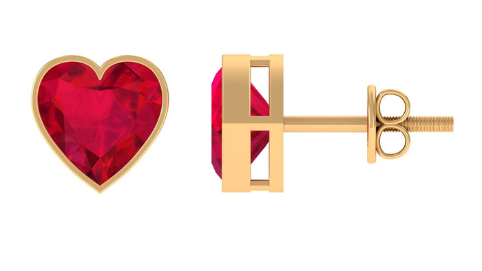 Four-carat heart-shaped lab-grown ruby stud earrings for women by Rosec Jewels, showcasing vibrant red gemstones set in earrings.