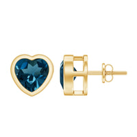 Real 4 Carat London Blue Topaz Heart Stud Earrings for Women