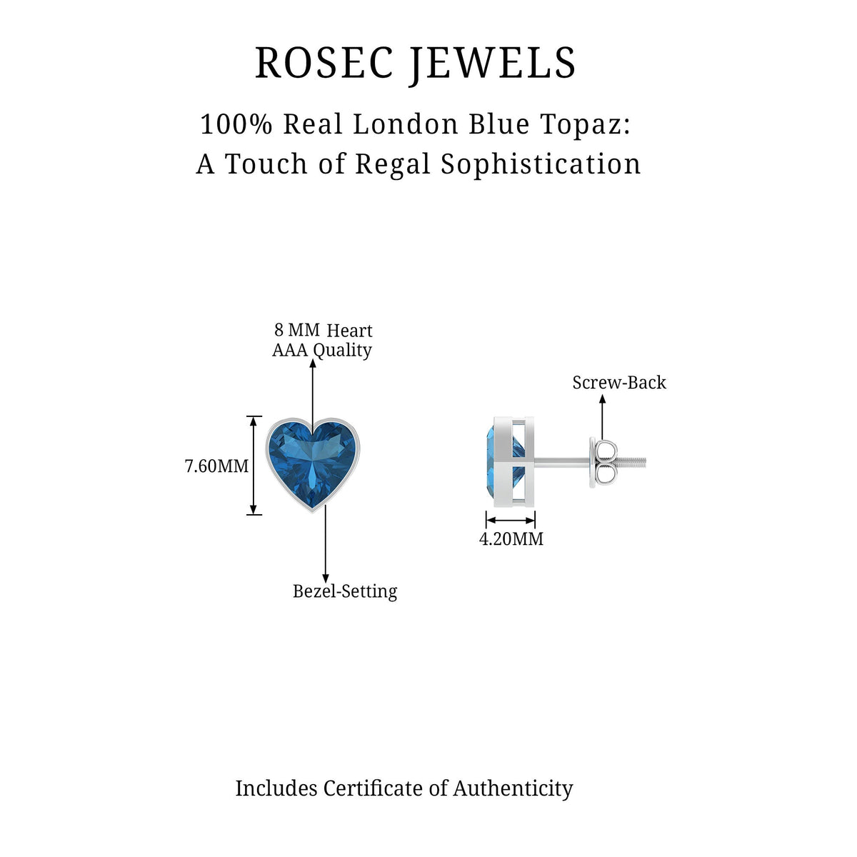 Real 4 Carat London Blue Topaz Heart Stud Earrings for Women