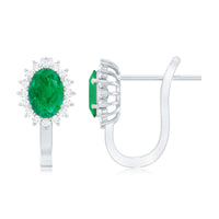 1.43 Carat Oval Cut Emerald and Diamond Halo Stud Earrings with Latch Back