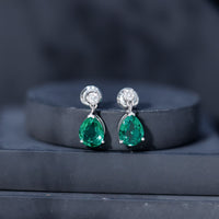 3.4 Carat Pear Cut Lab Created Emerald and Diamond Teardrop Earrings