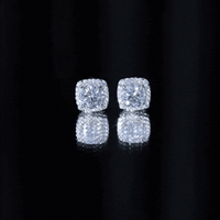 Round cut moissanite classic halo stud earrings by Rosec Jewels featuring sparkling white moissanite stones in a gold-tone setting.
