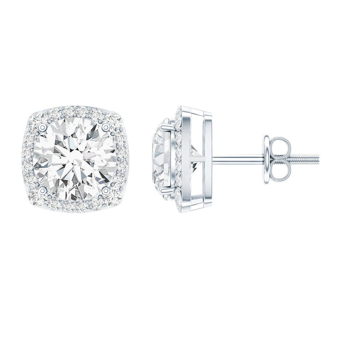 Round cut moissanite halo stud earrings by Rosec Jewels featuring sparkling gemstone settings and classic jewelry design.
