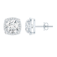 Round cut moissanite halo stud earrings by Rosec Jewels featuring sparkling gemstone settings and classic jewelry design.