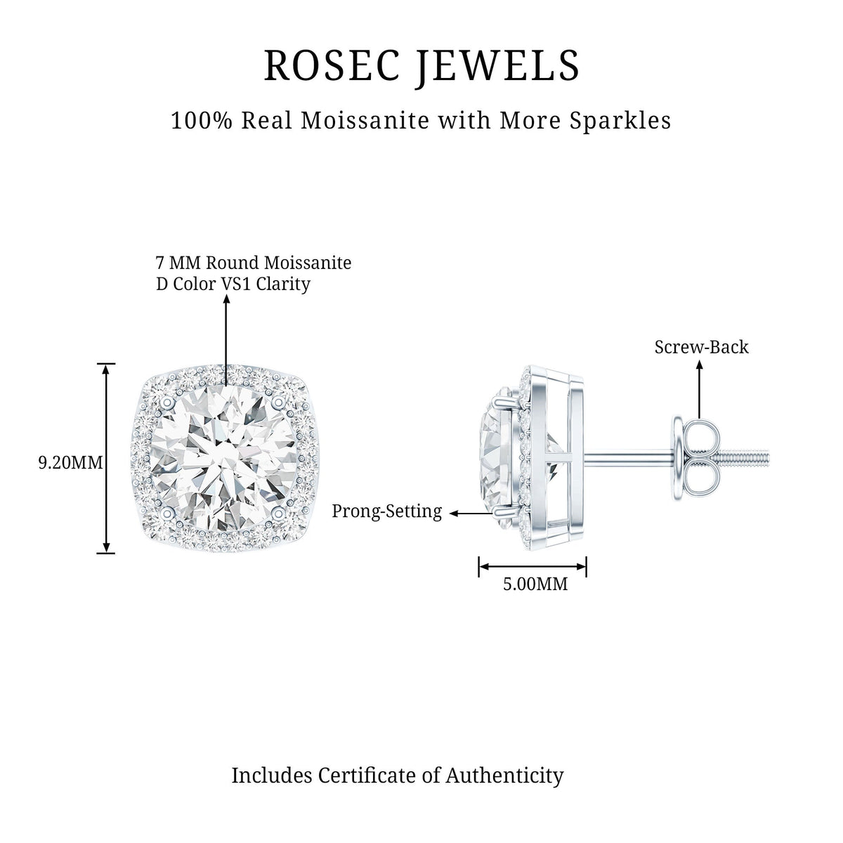 Round cut moissanite halo stud earrings by Rosec Jewels featuring sparkling gemstone surrounded by a classic halo setting.