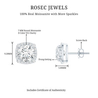 Round cut moissanite halo stud earrings by Rosec Jewels featuring sparkling gemstone surrounded by a classic halo setting.
