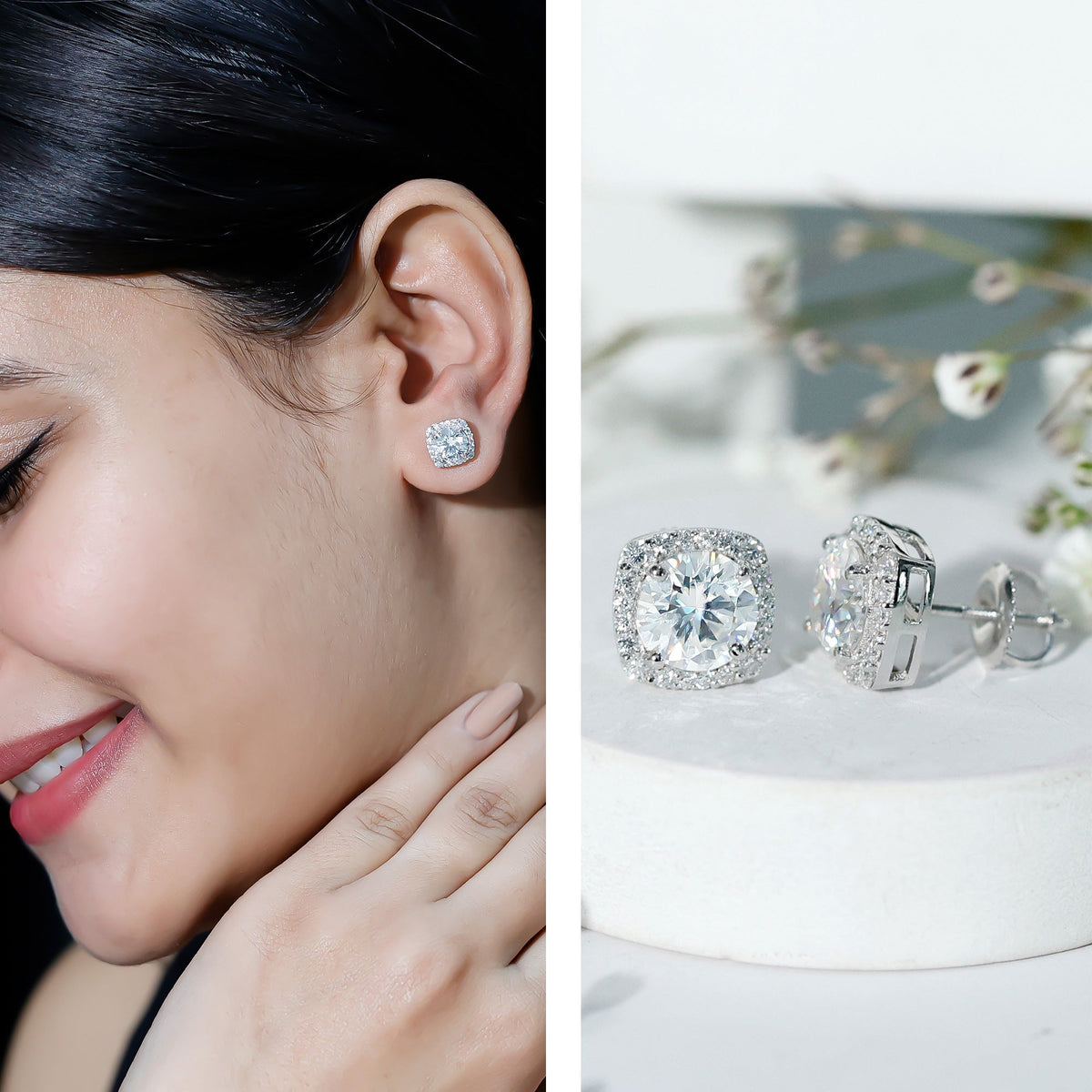 Round cut moissanite halo stud earrings by Rosec Jewels featuring sparkling gemstone and elegant silver setting.