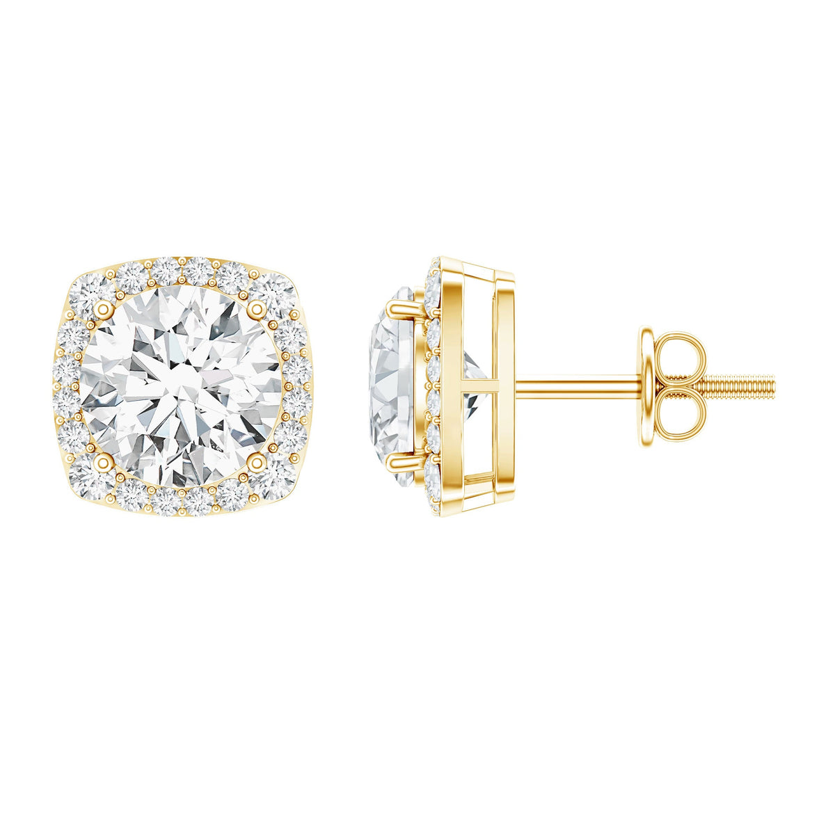 Round cut moissanite halo stud earrings by Rosec Jewels featuring sparkling gemstones and a classic, elegant design.