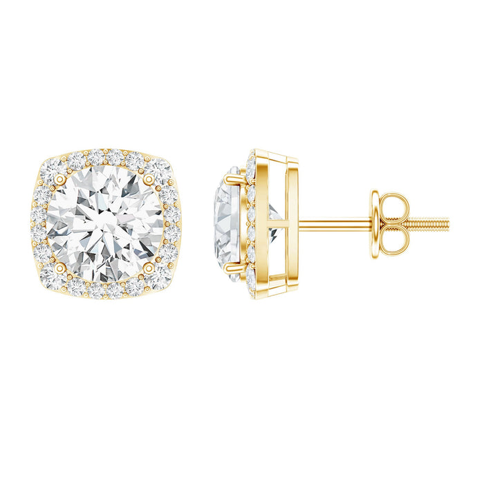 Round cut moissanite halo stud earrings by Rosec Jewels featuring sparkling gemstones and a classic, elegant design.