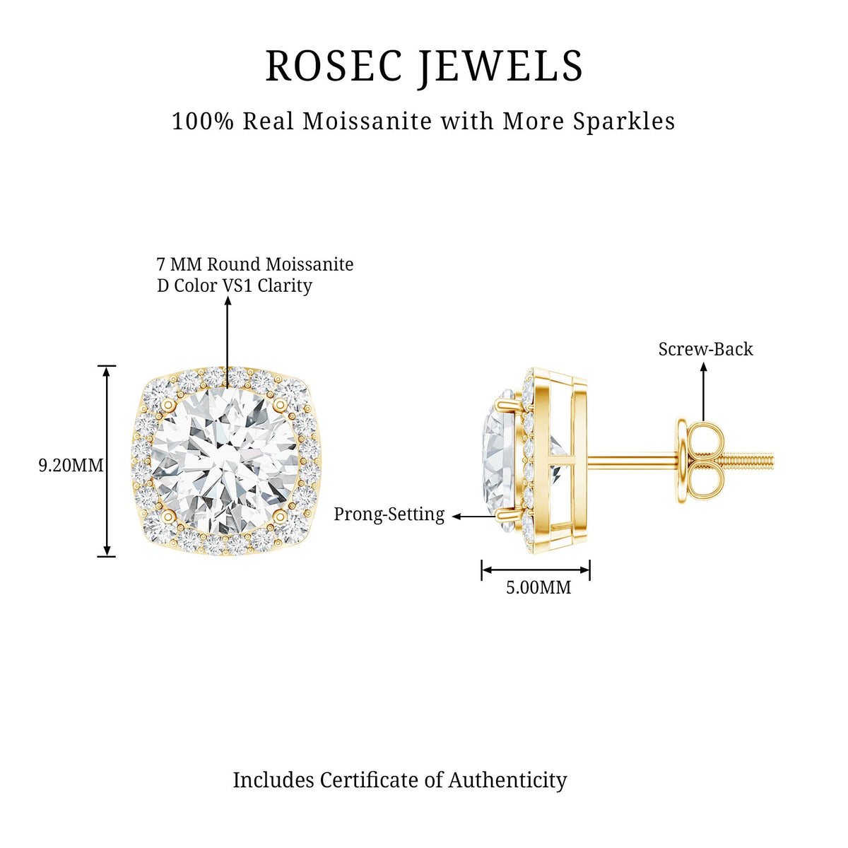 Round cut moissanite halo stud earrings by Rosec Jewels with sparkling gemstone accents and classic design.