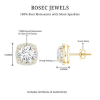 Round cut moissanite halo stud earrings by Rosec Jewels with sparkling gemstone accents and classic design.