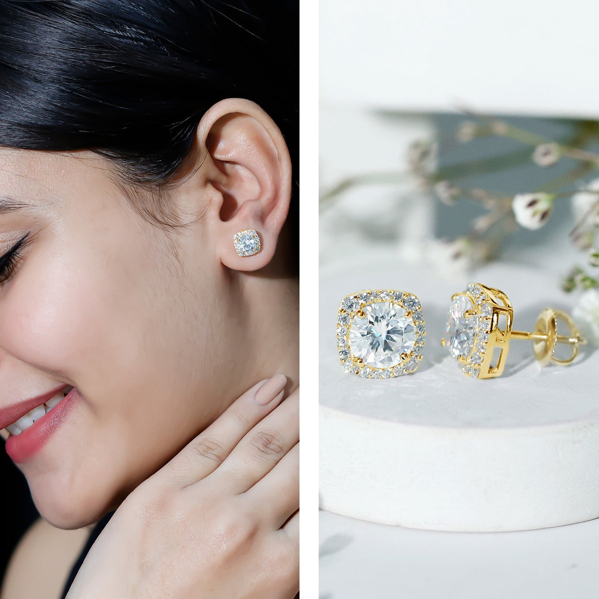 Round cut moissanite halo stud earrings by Rosec Jewels featuring sparkling moissanite stones and a classic halo design.