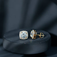 Round cut moissanite halo stud earrings by Rosec Jewels featuring sparkling center stones and elegant design.