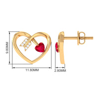 Heart Stud Earrings with Lab Created Ruby and Diamond